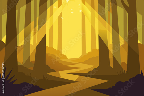 Golden Hour Forest Path A Serene Nature Illustration