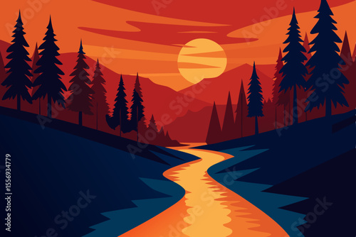 Serene Sunset Landscape River, Mountains, and Pine Trees Silhouette