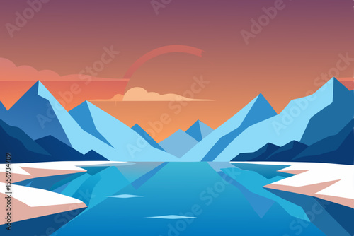 Serene Sunset Landscape Majestic Mountains Reflecting in a Frozen Lake