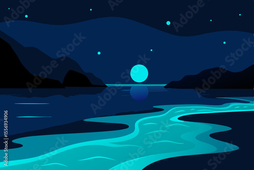Serene Nightscape  Glowing River Meets Tranquil Lake Under a Full Moon