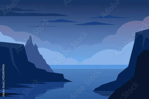 Serene Twilight Coastal Cliffs and Calm Waterscape Illustration