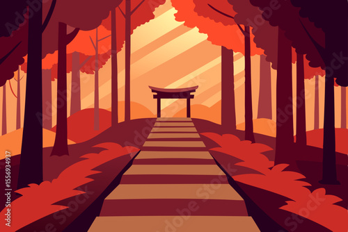 Serene Autumn Path A Journey Through the Vibrant Red Forest to a Tranquil Torii Gate