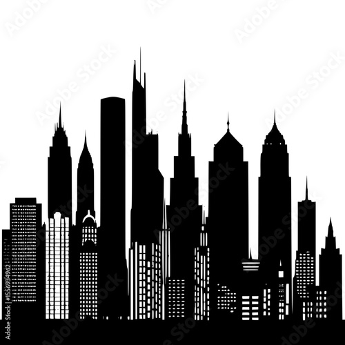 Minimal city skyline with tall buildings and tower silhouettes