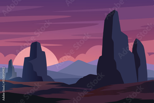 Majestic Sunset Landscape Serene Desert Vista with Dramatic Rock Formations