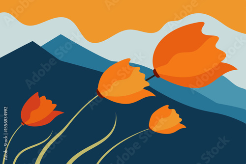 Orange Flowers Blooming in Mountain Landscape Nature's Vivid Hues