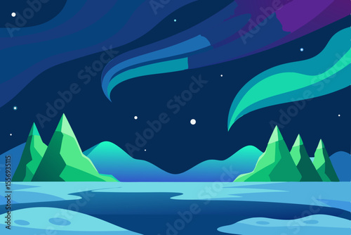 Mystical Aurora Borealis Night Sky, Mountains, and Frozen Lake Illustration
