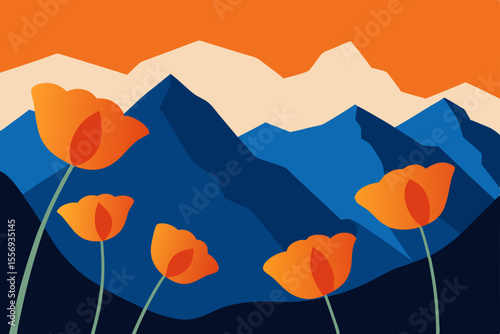 Vibrant Poppies Blooming Against Majestic Mountains A Stunning Landscape Illustration