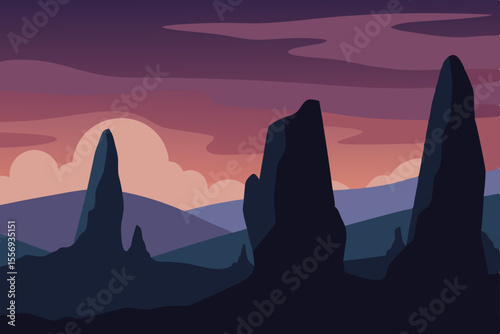 Majestic Sunset Landscape Silhouettes of Mountains and Rocks at Dusk