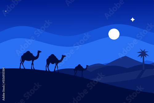 Serene Desert Night Camels Silhouette Under the Moon