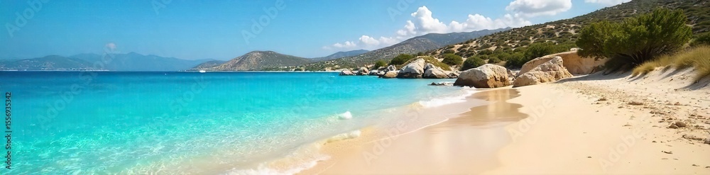Fototapeta premium Idyllic Greek Island Beach Sun-Kissed Sand, Turquoise Waters, Relaxation and Escape