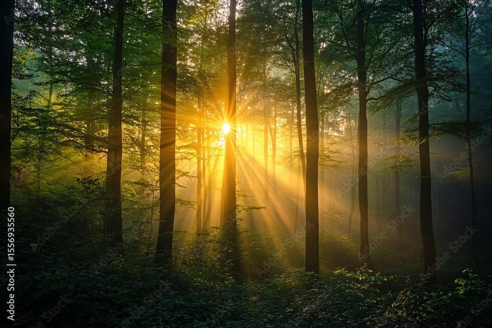 Naklejka premium Sunlight filtering through the trees in a misty forest, creating a magical atmosphere with beams of light cutting through the foliage