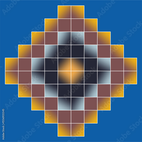 A vivid diamond-shaped pattern with glowing gradients in amber, brown, and blue, centered on a bold azure background radiating symmetry.