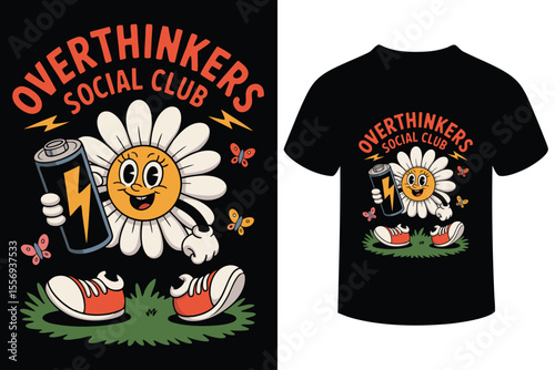 Retro daisy character with lightning bolt battery for overthinkers social club design vintage style illustration