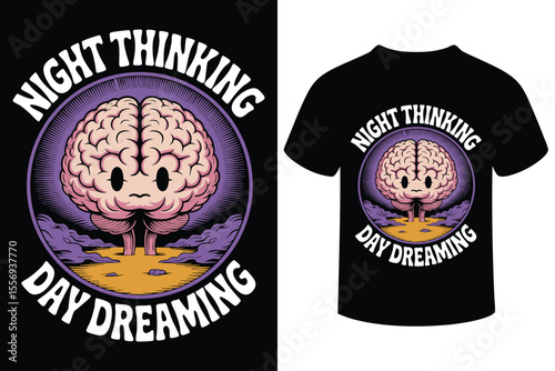 Whimsical cartoon brain character with a face illustrating active thinking during the night and imaginative daydreaming in the day