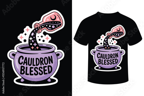 Charming cartoon cauldron bubbling with magical potion illuminated by a celestial moon and twinkling stars with cauldron blessed text