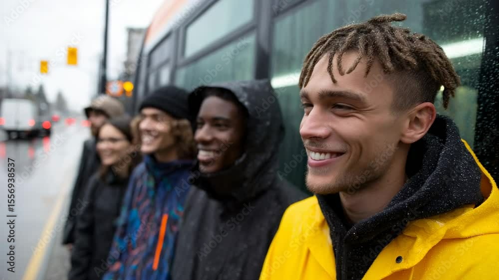 Young group waiting for public transport in urban setting during rainy day, showcasing diverse individuals and city life Young group waiting for public transport in urban setting during rainy day, showcasing diverse individuals and city life