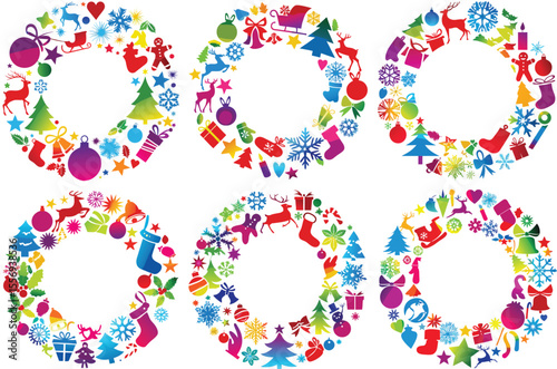 Vibrant Christmas wreaths composed of festive icons in rainbow colors