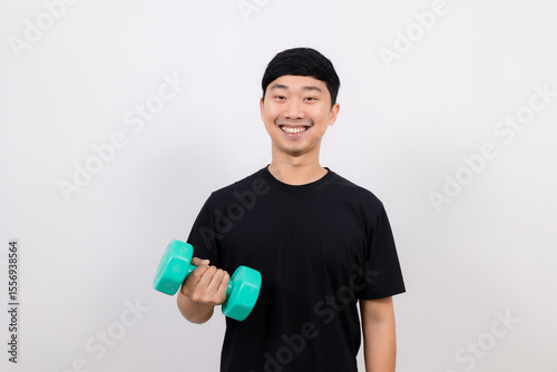 Asian man black hold dumbbell for exercise happy smile isolated