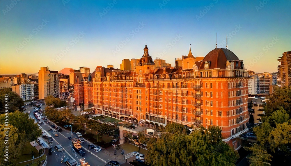 Naklejka premium Downtown corner hotel with fire escape and city street