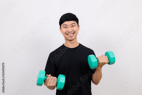 Asian man black hold dumbbell for exercise happy smile isolated