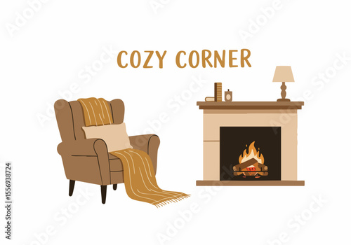 Cozy Corner Illustration with Comfortable Armchair, Blanket, and Fireplace
