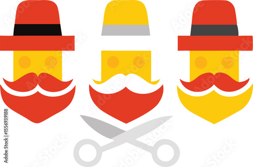 Three stylized characters with hats mustaches and beards silhouette isolated on transparent background