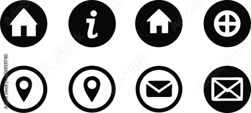 Collection of eight black and white circular silhouette icons for web navigation isolated on transparent background