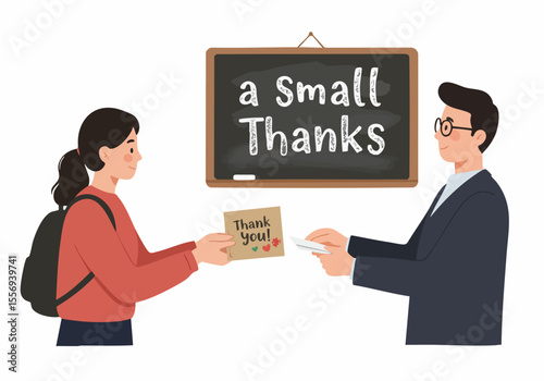Student presenting thank you card to teacher in classroom, expressing gratitude and appreciation.