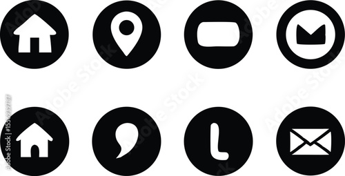 Collection of eight simple black and white silhouette icons isolated on transparent background