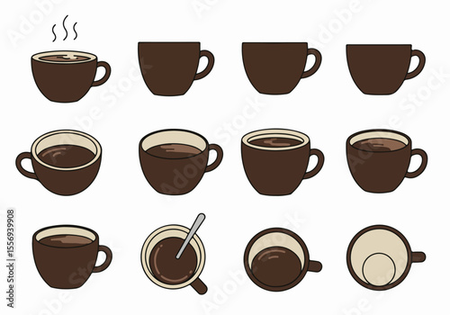 Simple vector illustration featuring a collection of coffee cups from multiple perspectives, including side and top views, some with steam or a spoon, on a white background.