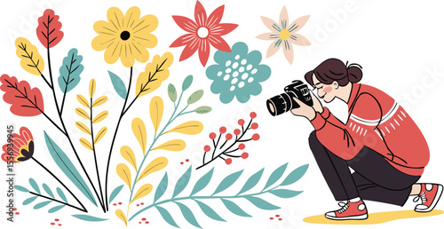 Woman photographer capturing colorful floral nature scene silhouette isolated on transparent background