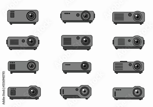 Collection of various flat design illustrations of video projectors, essential equipment for presentations and entertainment.
