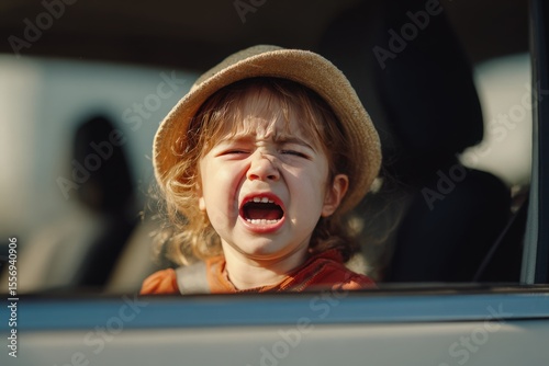 Preschooler little Caucasian girl left alone in car during hot sunny day. Child crying screaming trying to get out of closed vehicle at summer. Children safety protection kidnapping concept. 