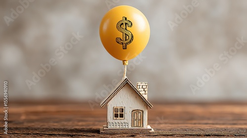  Miniature house and dollar sign balloons on a wooden desk with white background. Conceptual image of real estate investment and financial planning.