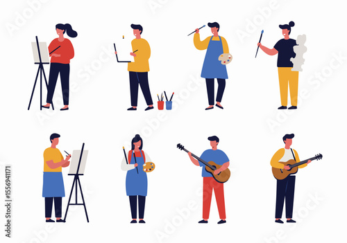 Diverse artists and musicians creating art and music illustration set on white background.