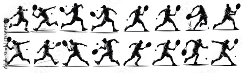 Tennis Player Silhouette Vector Set, A high-resolution collection of 16 black silhouettes showing tennis players in dynamic action poses for sports prints, t-shirts, and branding