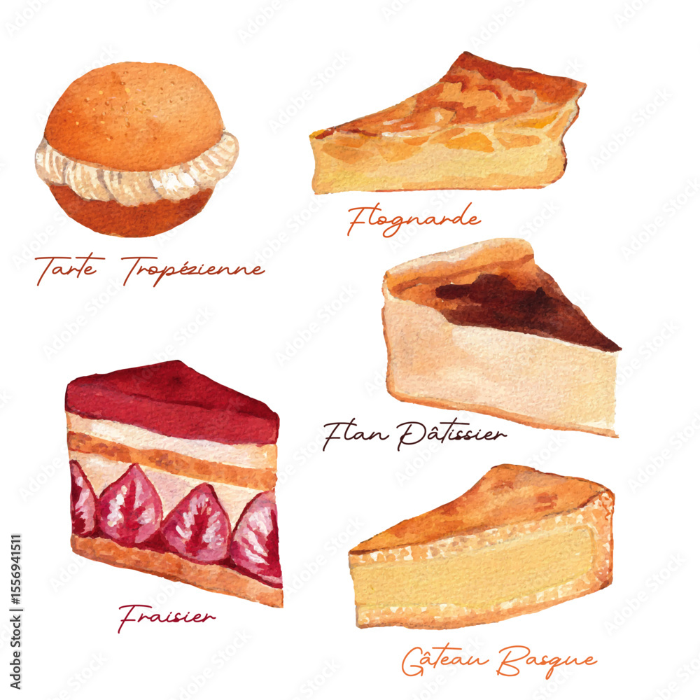 Φωτογραφία Watercolor French Pastries Set – Tarte Tropézienne, Flan, Gâteau Basque, Fraisie