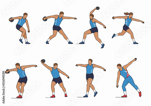 Discus Throw Action Sequence Illustration Showing Male and Female Athletes in Various Dynamic Poses During the Throwing Motion.