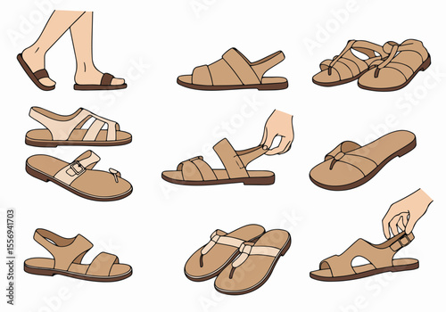 Set of illustrated sandals and feet in various styles for summer footwear concepts.