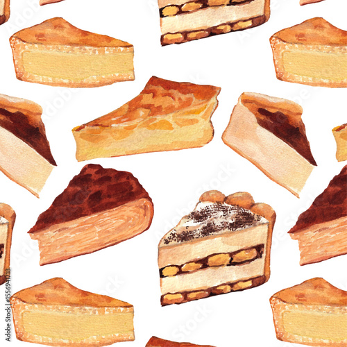 Seamless Watercolor Cake Pattern – French and Italian Pastries (Tiramisu, Fraisier, Gâteau Basque). Cute realistic painting style. Cozy background for bakery branding, cookbook, cooking banner. 