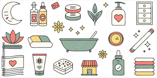 Spa and wellness treatment elements including bath, lotions, and essential oils