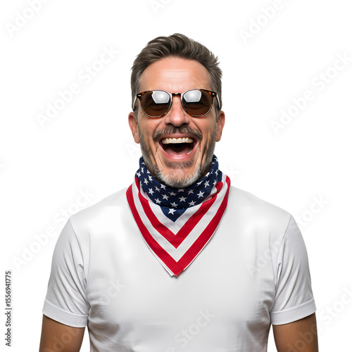 Patriotic Man: American Flag Bandana, Sunglasses, Joyful Expression