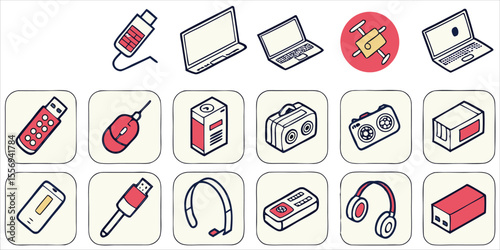  Electronic devices icons collection including computer, USB drive, and audio equipment