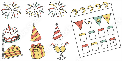  Celebration and event planning icons including fireworks, cake, gifts and calendar