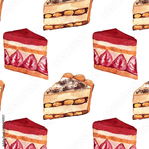 Watercolor Slices of Pastry seamless pattern –  Tiramisu, Fraisier. Realistic painting style, using soft tones. Wallpaper for bakery, cookbook, cooking banner. 