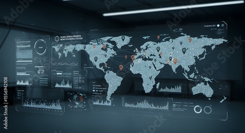 Wallpaper Mural Global digital network map with data charts and icons indicating locations, representing international connectivity and information flow on a futuristic interface Torontodigital.ca