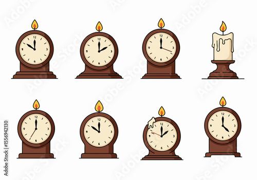 Time Burning Away: Illustration Set of Antique Clocks with Candles and Melting Wax