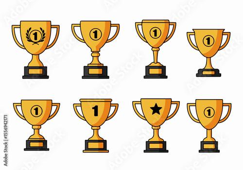 Collection of golden trophy icons with number one, star, and wreath symbols representing victory, success, and first place achievement in competitions and awards.