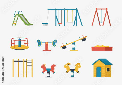 Set of colorful playground equipment icons including slides, swings, seesaw, merry-go-round, sandbox, spring riders, monkey bars, and playhouse on white background.
