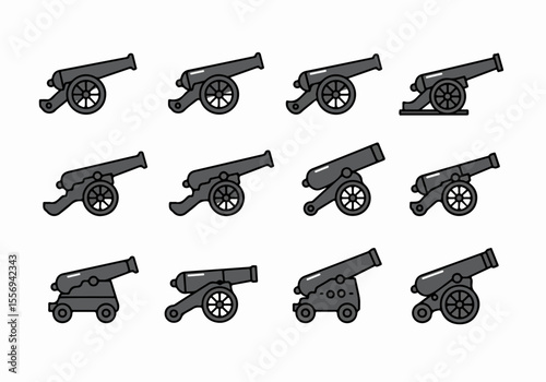 Set of various vintage or antique cannon icons in flat design style, isolated on a white background, representing historical weaponry and military objects.